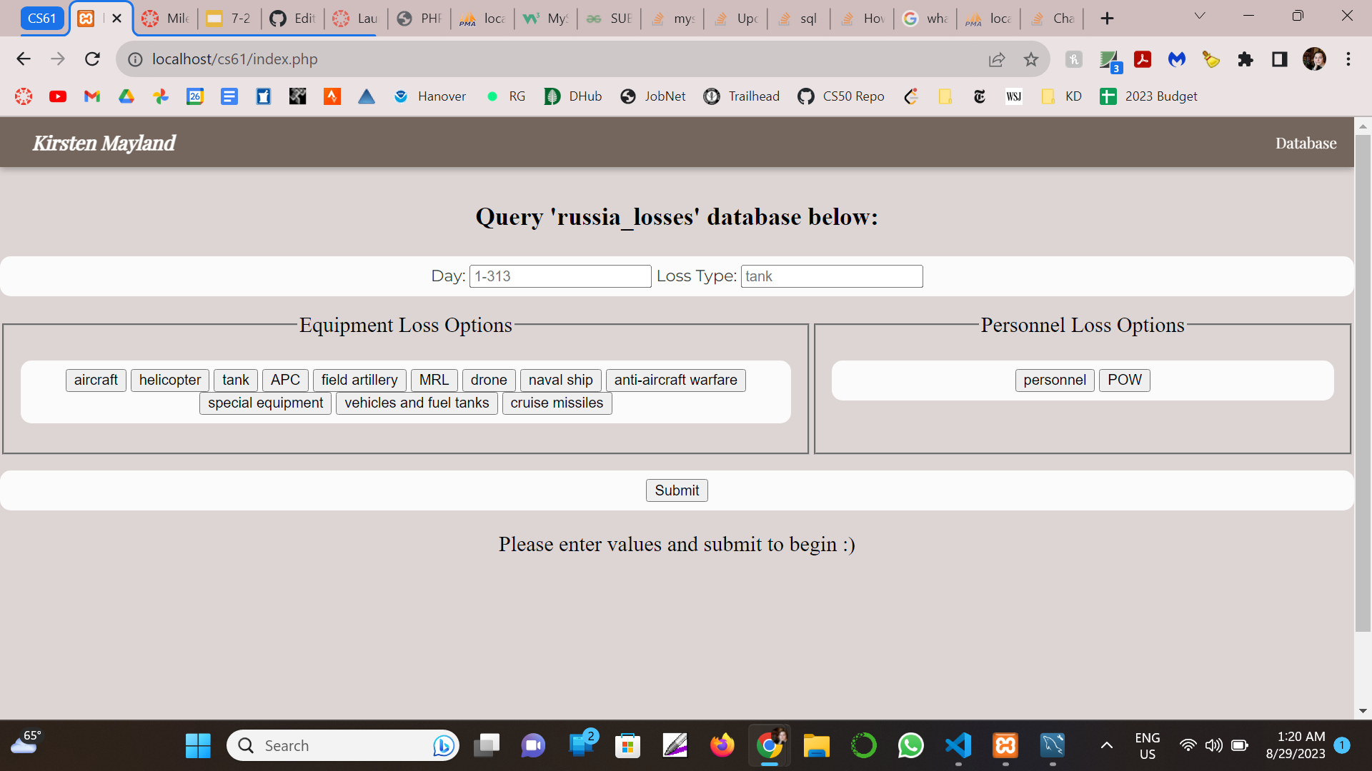 Screenshot of working database frontend